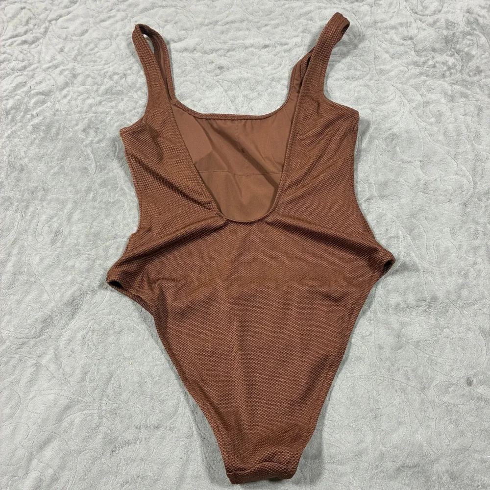 Aerie Brown Textured One Piece Swimsuit Size S Cheeky Scoop Neck Neutral